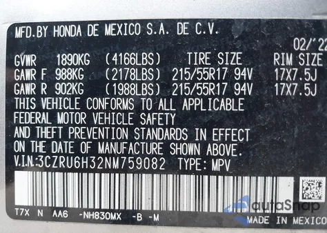 2022 Honda Hr-V Awd Lx z USA, uszkodzony, nr VIN 3CZRU6H32NM759082
